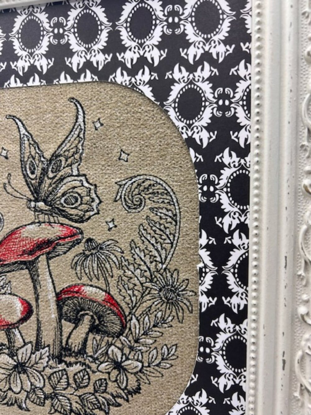 Homemade Butterfly On Mushroom Framed 8X10 Embroidery Art - Picture 3 of 6